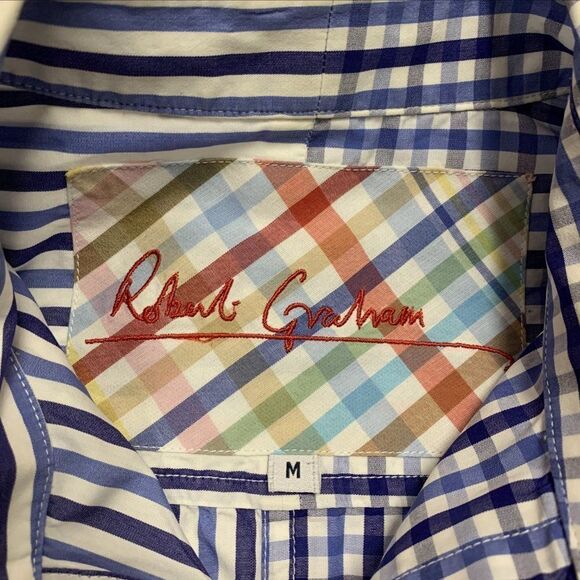 ROBERT Gtraham blue striped checkered dress shirt Sz M - Picture 3 of 4